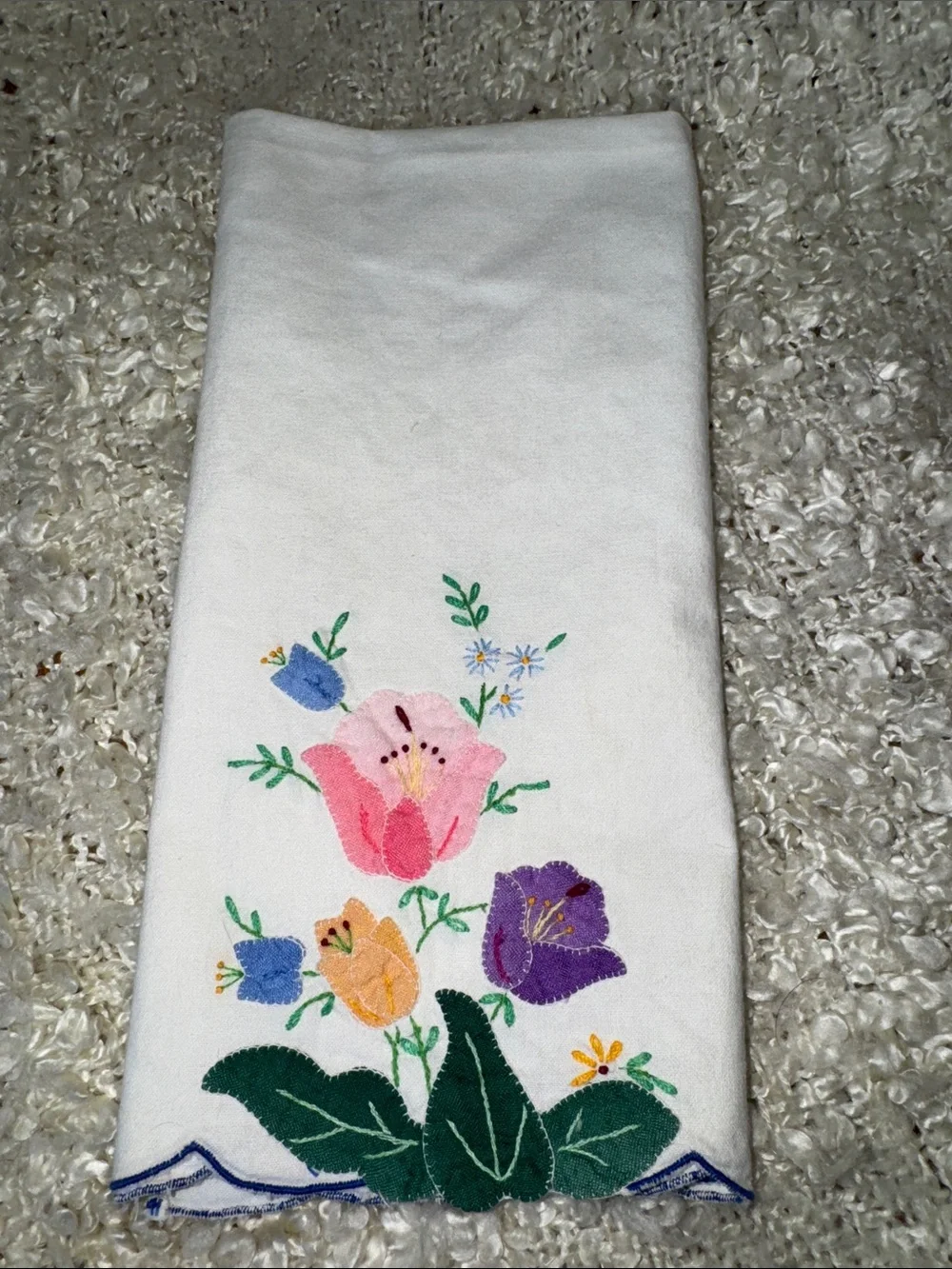 100% Cotton Embroidered Floral scalloped Tea Towel - Pink, Purple, Yellow, Green